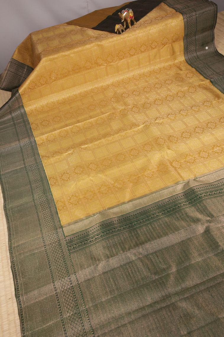 Gold Kanchipuram Silk Sarees with Gold Zari Floral Patterns view 2