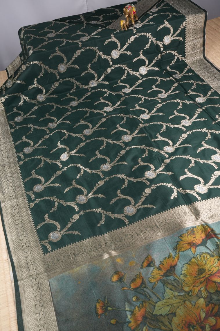 Bottle Green Tussar Saree with Copper Zari Floral Patterns view 2