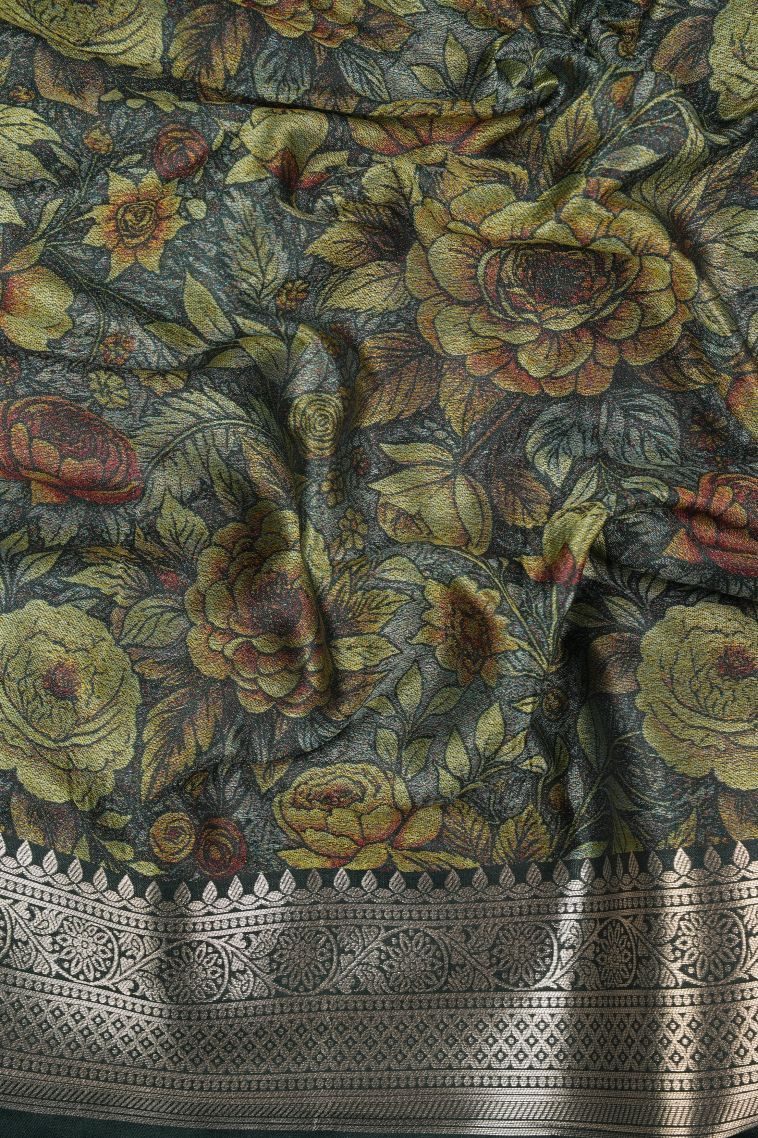 Bottle Green Tussar Saree with Copper Zari Floral Patterns view 3