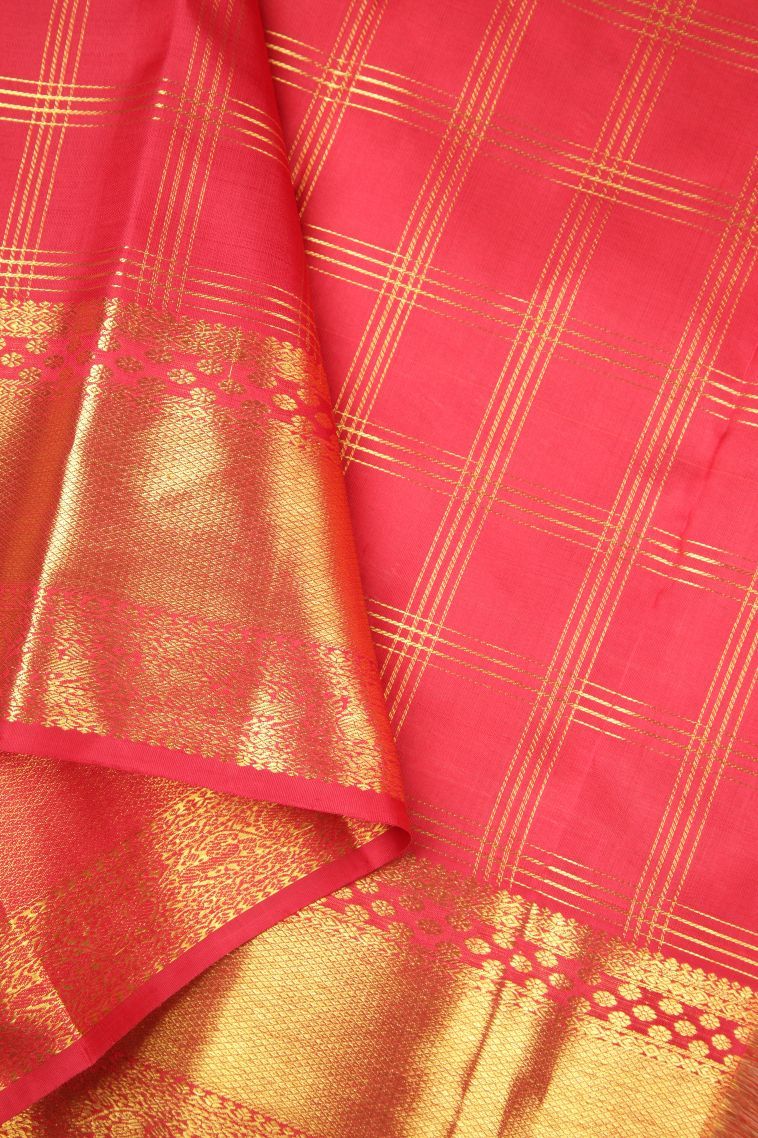 Tiger Orange Kanchipuram Silk Sarees with Gold Zari Checks view 3