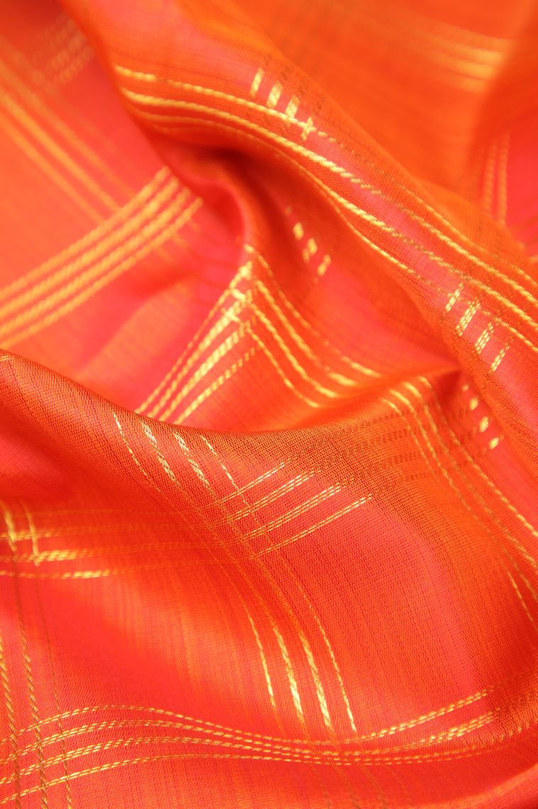 Tiger Orange Kanchipuram Silk Sarees with Gold Zari Checks view 4