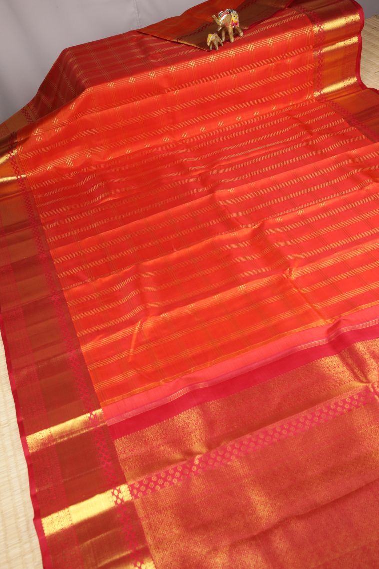 Tiger Orange Kanchipuram Silk Sarees with Gold Zari Checks view 2