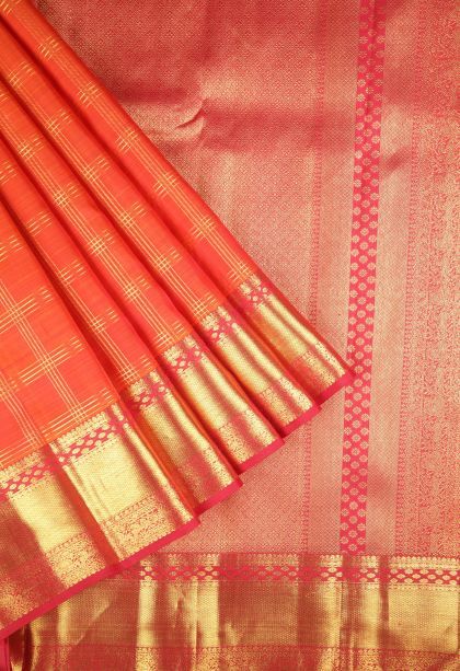 Tiger Orange Kanchipuram Silk Sarees with Gold Zari Checks