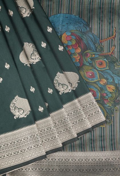 Bottle Green Tussar Saree with Copper Zari Buttis (small Dots Or Motifs)