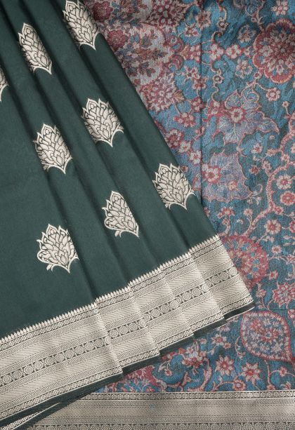Bottle Green Banaras Sarees with Copper Zari Buttis (small Dots Or Motifs)