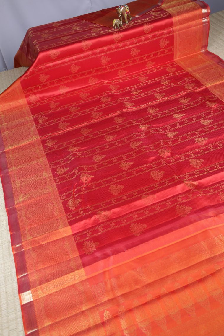 Rose  Red Kanchipuram Silk Sarees with Gold Zari Stripes view 2