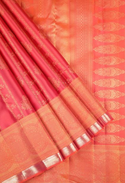 Rose  Red Kanchipuram Silk Sarees with Gold Zari Stripes