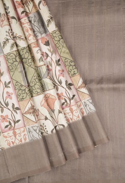 Cream White Tussar Saree with Without Zari Zari Floral Patterns