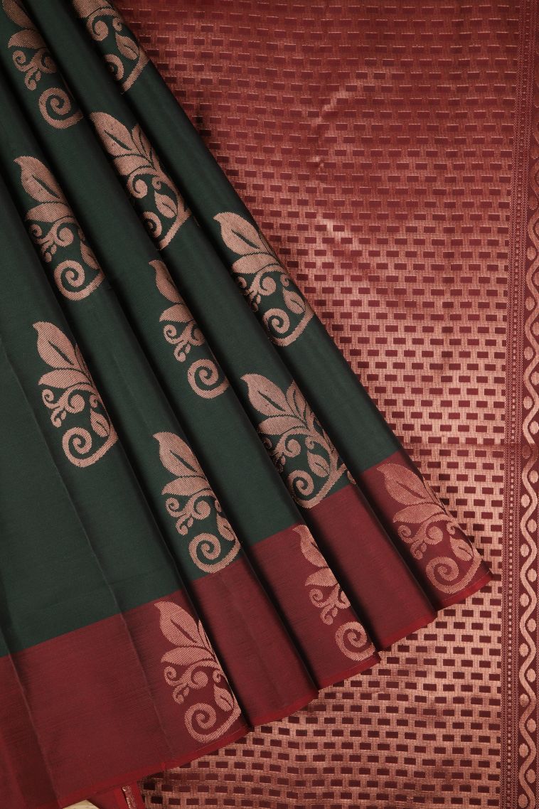 Bottle Green Soft Silk Saree with Copper Zari Buttis (small Dots Or Motifs) view 1
