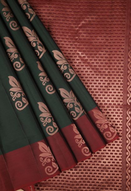 Bottle Green Soft Silk Saree with Copper Zari Buttis (small Dots Or Motifs)