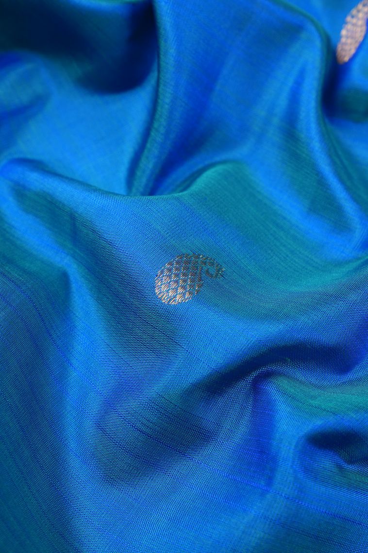 Peacock Blue Kanchipuram Silk Sarees with Gold Zari Buttis (small Dots Or Motifs) view 4