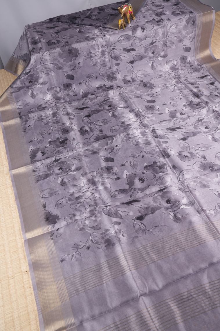 Iris Purple Tussar Saree with Without Zari Zari Floral Patterns view 2