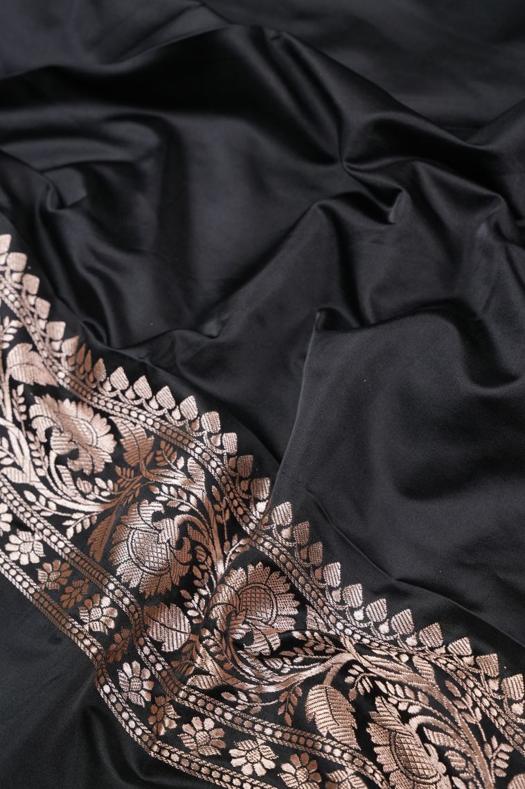 Asphalt Black Banaras Sarees with Gold Zari Floral Patterns view 3