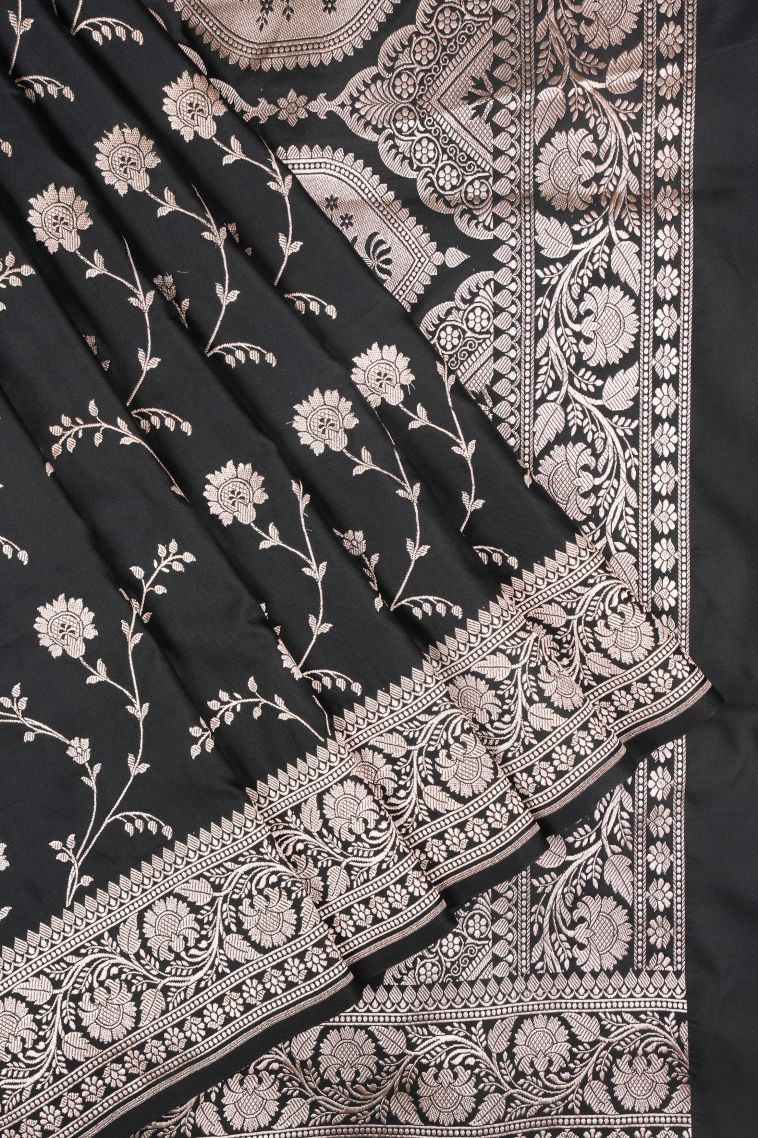 Asphalt Black Banaras Sarees with Gold Zari Floral Patterns view 1