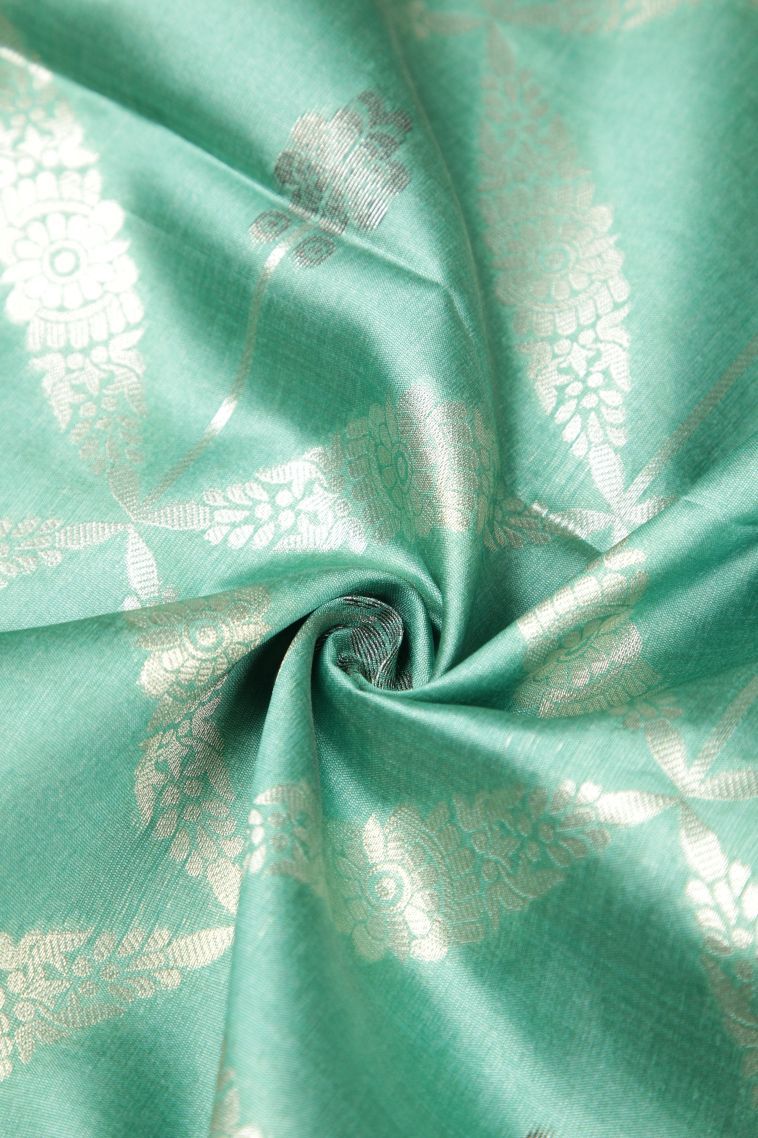 Arctic Blue Tussar Saree with Silver Zari Floral Patterns view 4