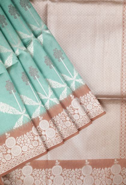 Arctic Blue Tussar Saree with Silver Zari Floral Patterns