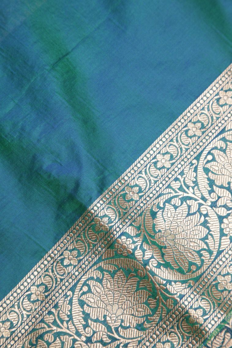 Ocean Blue Banaras Silk Saree with Gold Zari Floral Patterns view 3