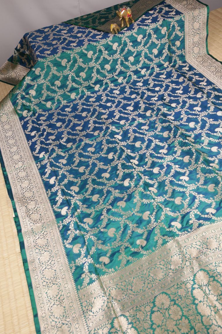 Ocean Blue Banaras Silk Saree with Gold Zari Floral Patterns view 2