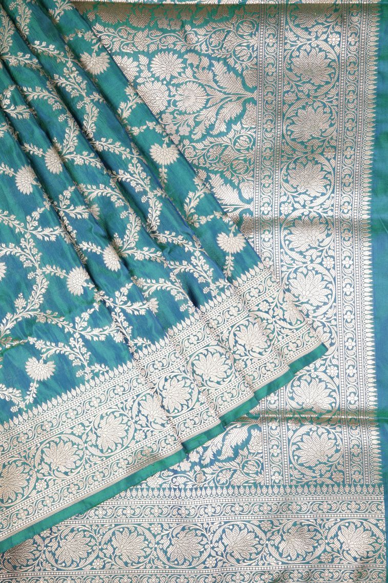 Ocean Blue Banaras Silk Saree with Gold Zari Floral Patterns view 1