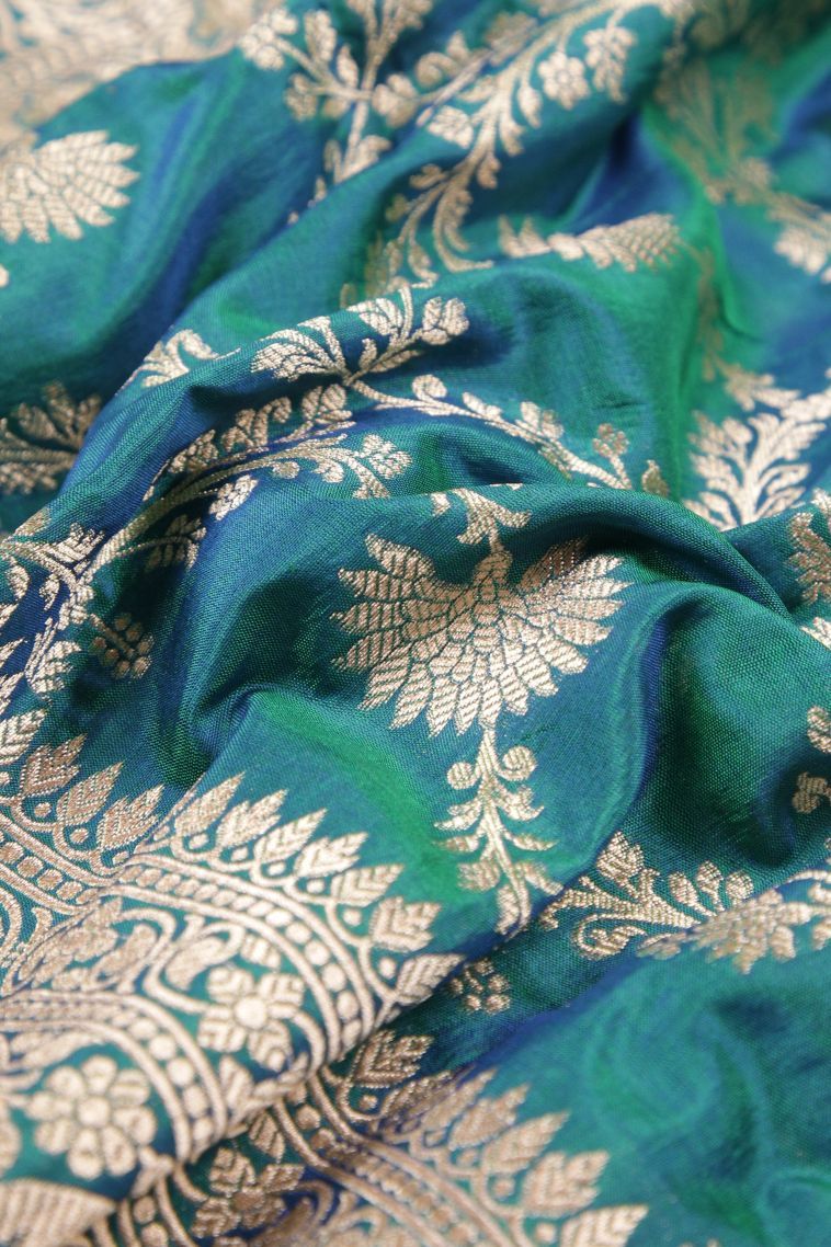 Ocean Blue Banaras Silk Saree with Gold Zari Floral Patterns view 4