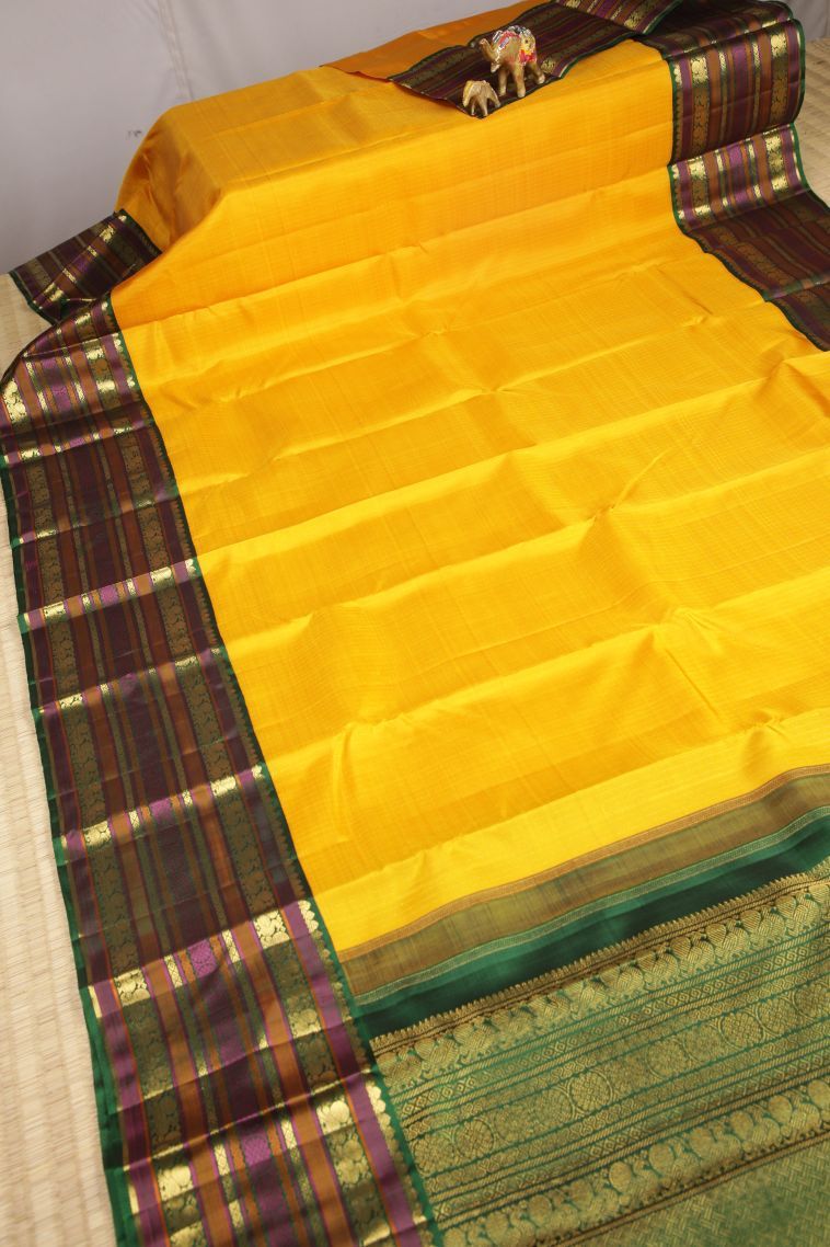 Lemon Yellow Kanchipuram Silk Sarees with Gold Zari Stripes view 2