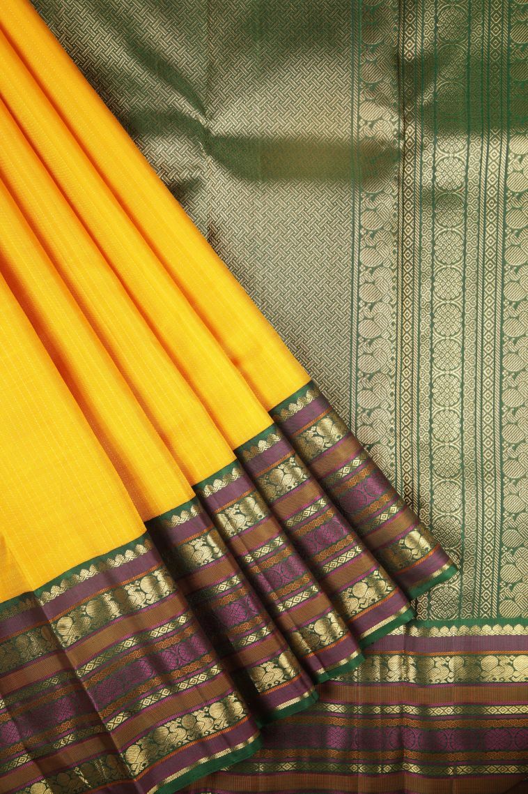 Lemon Yellow Kanchipuram Silk Sarees with Gold Zari Stripes view 1