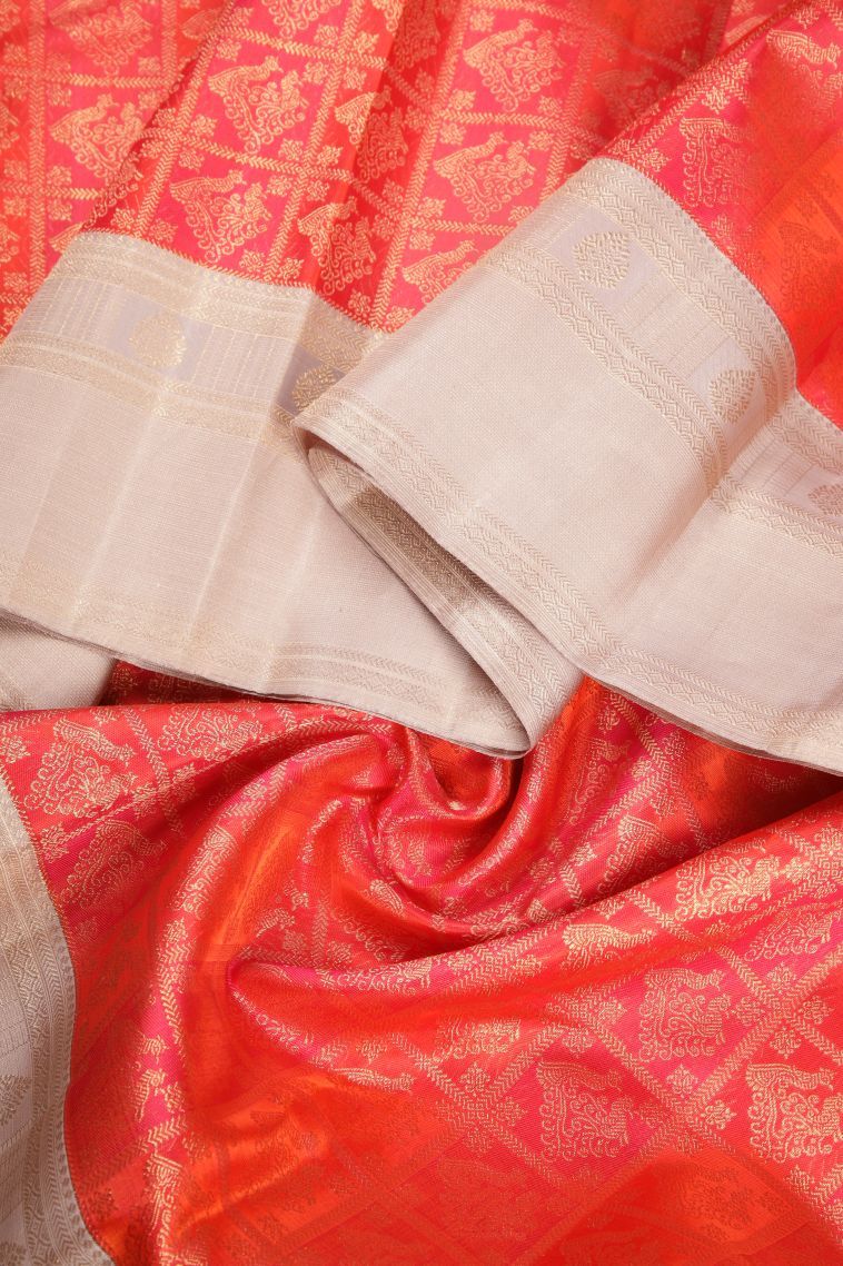 Clay Orange Kanchipuram Silk Sarees with Gold Zari Peacock Motifs view 4