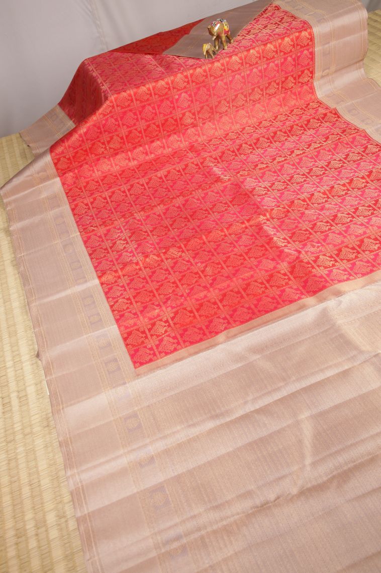 Clay Orange Kanchipuram Silk Sarees with Gold Zari Peacock Motifs view 2