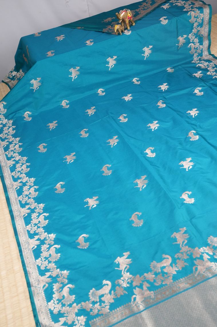Cerulean Blue Banaras Sarees with Gold Zari Buttis (small Dots Or Motifs) view 2