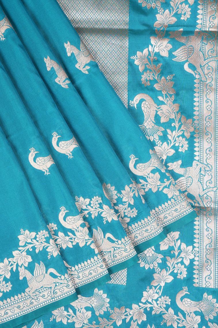 Cerulean Blue Banaras Sarees with Gold Zari Buttis (small Dots Or Motifs) view 1