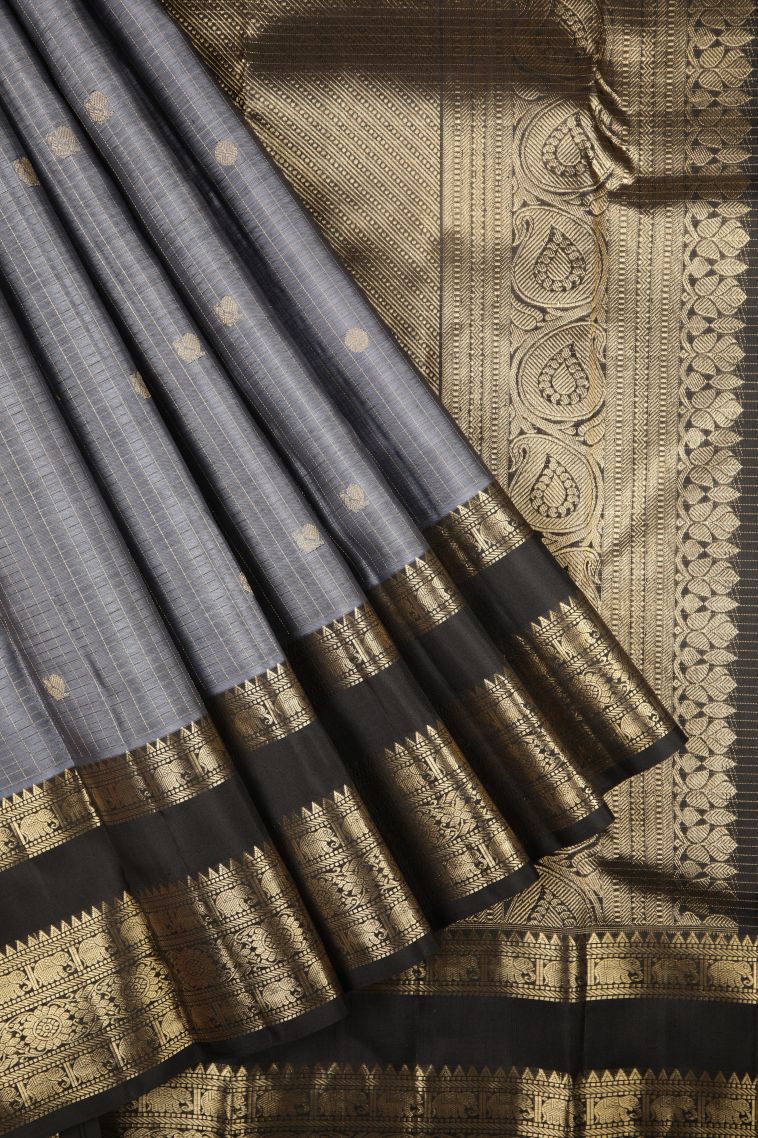 Granite Black Kanchipuram Silk Sarees with Gold Zari Checks view 1