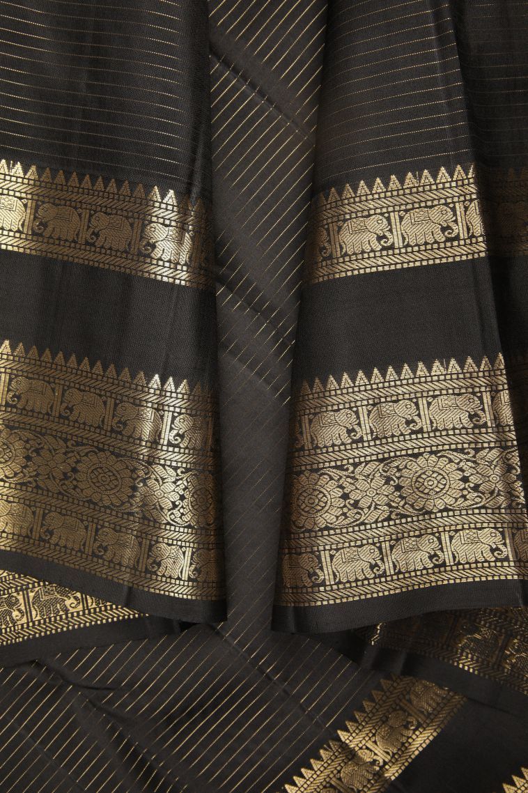 Granite Black Kanchipuram Silk Sarees with Gold Zari Checks view 3