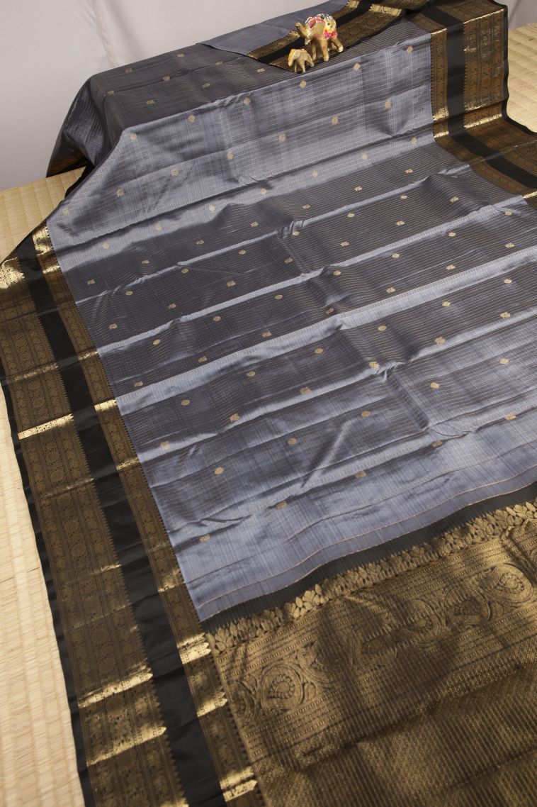Granite Black Kanchipuram Silk Sarees with Gold Zari Checks view 2