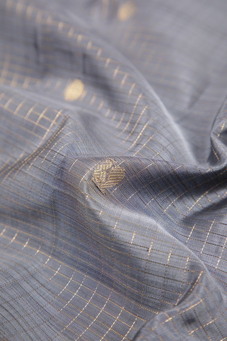 Granite Black Kanchipuram Silk Sarees with Gold Zari Checks view 4