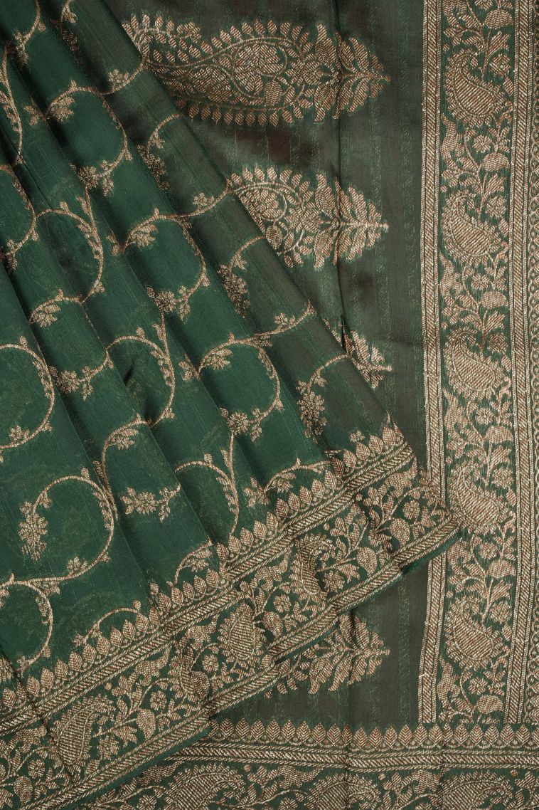 Basil Green Banaras Sarees with Gold Zari Floral Patterns view 1