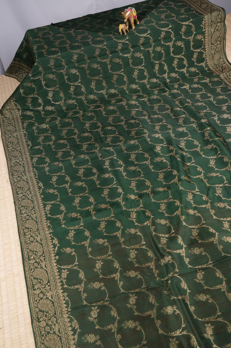 Basil Green Banaras Sarees with Gold Zari Floral Patterns view 2