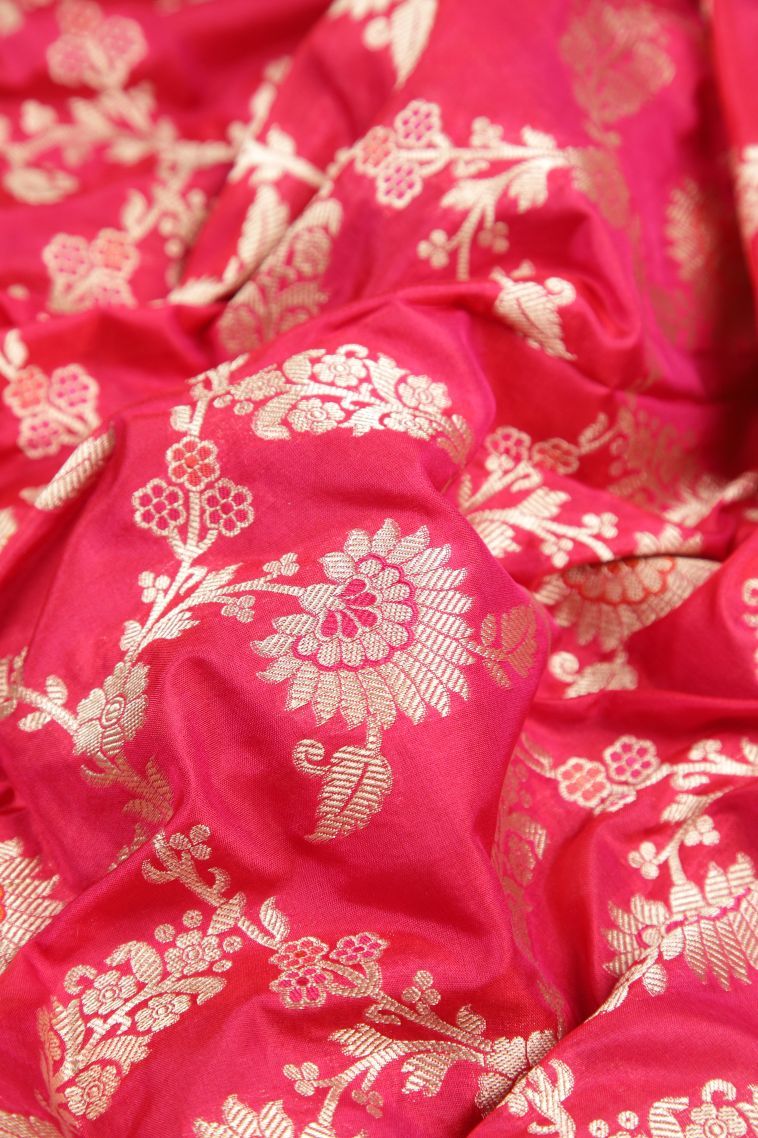 Strawberry Pink Banaras Silk Saree with Gold Zari Floral Patterns view 4
