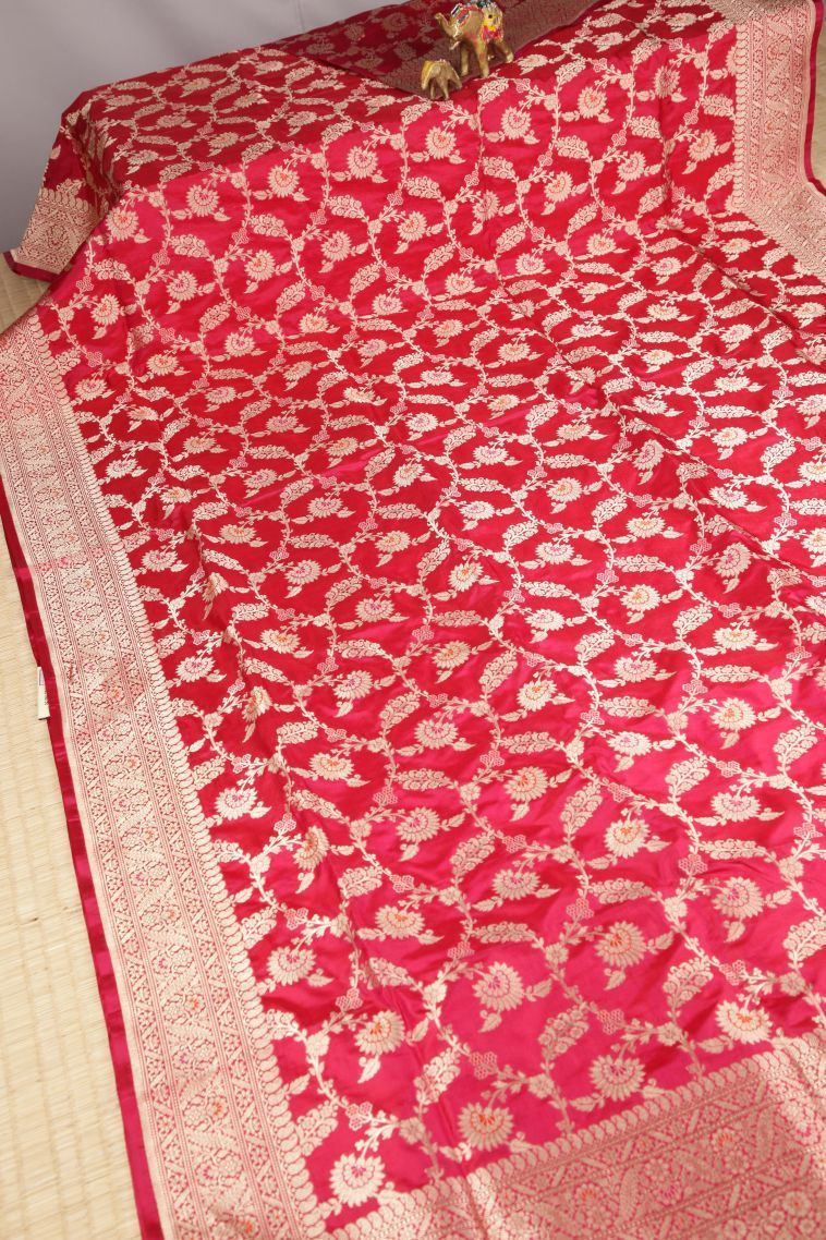 Strawberry Pink Banaras Silk Saree with Gold Zari Floral Patterns view 2
