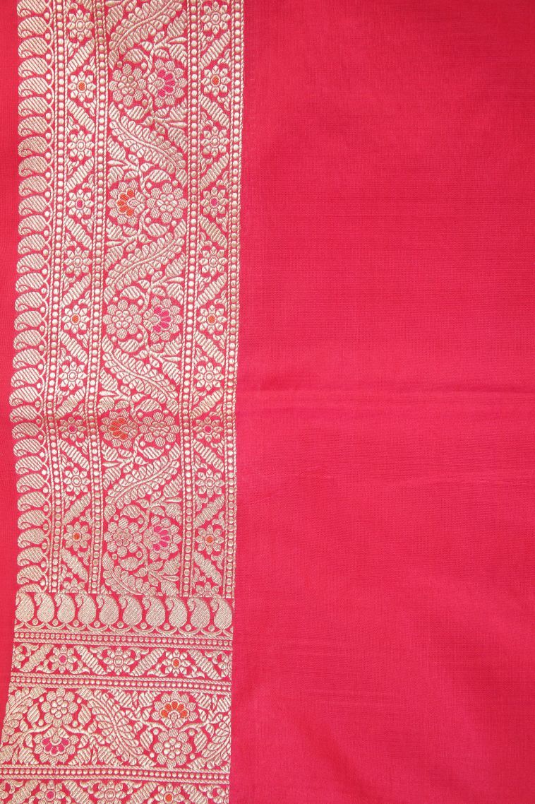 Strawberry Pink Banaras Silk Saree with Gold Zari Floral Patterns view 3