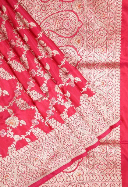 Strawberry Pink Banaras Silk Saree with Gold Zari Floral Patterns