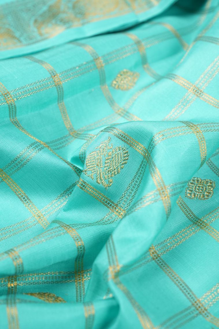 Arctic Blue Kanchipuram Silk Sarees with Gold Zari Checks view 4