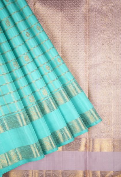 Arctic Blue Kanchipuram Silk Sarees with Gold Zari Checks