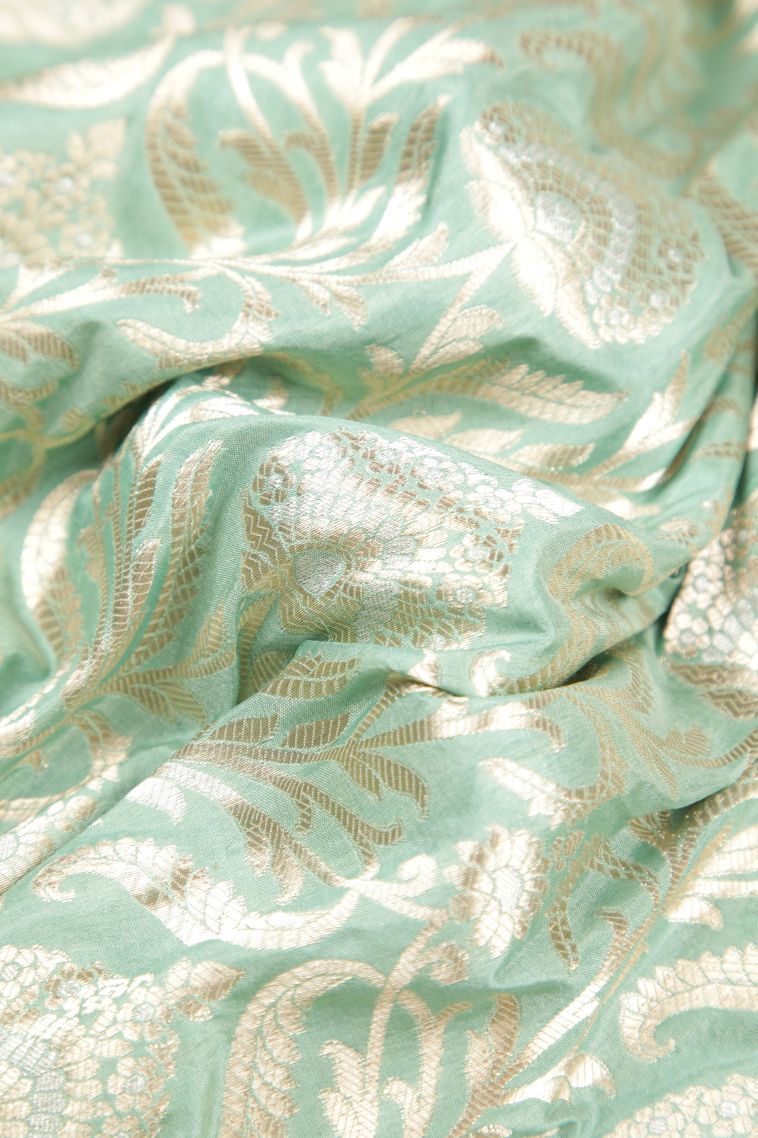 Pistachio Green Banaras Silk Saree with Gold Zari Floral Patterns view 4