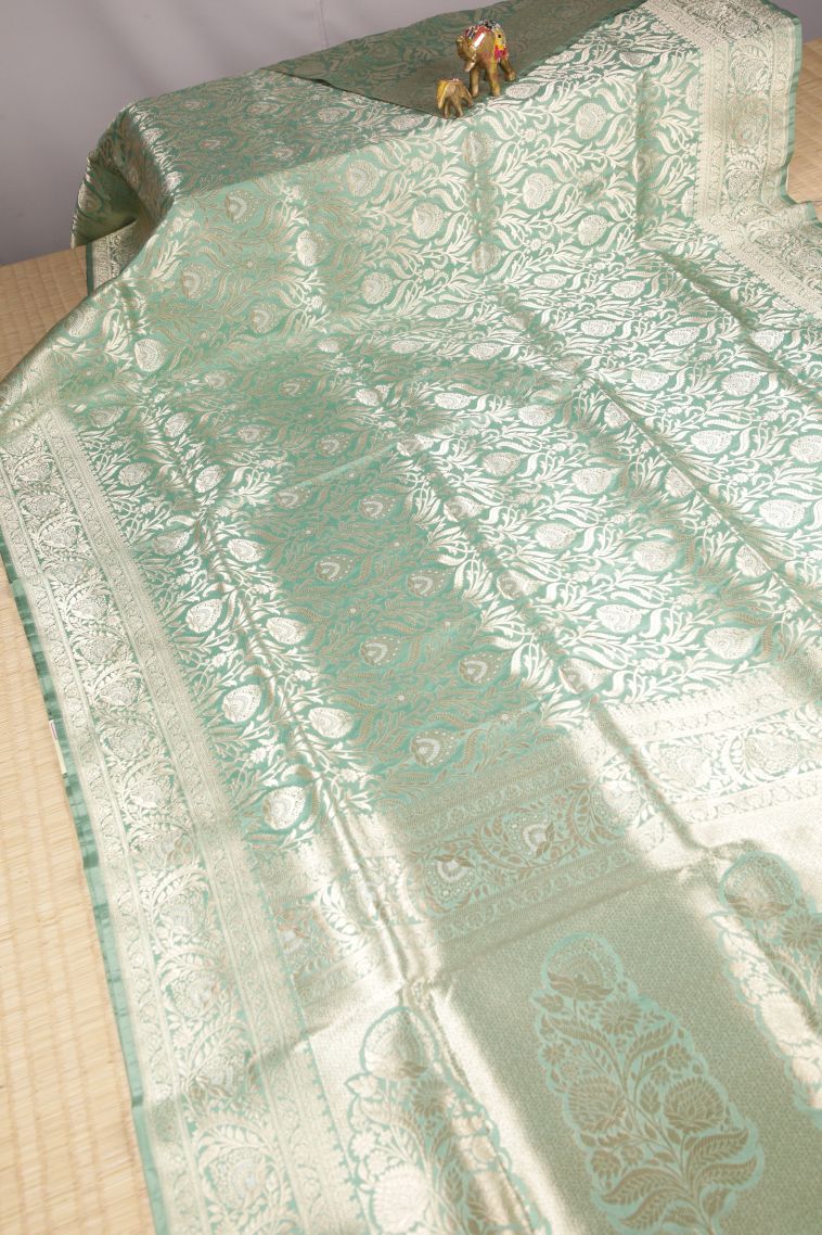 Pistachio Green Banaras Silk Saree with Gold Zari Floral Patterns view 2