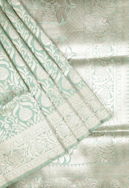 Pistachio Green Banaras Silk Saree with Gold Zari Floral Patterns