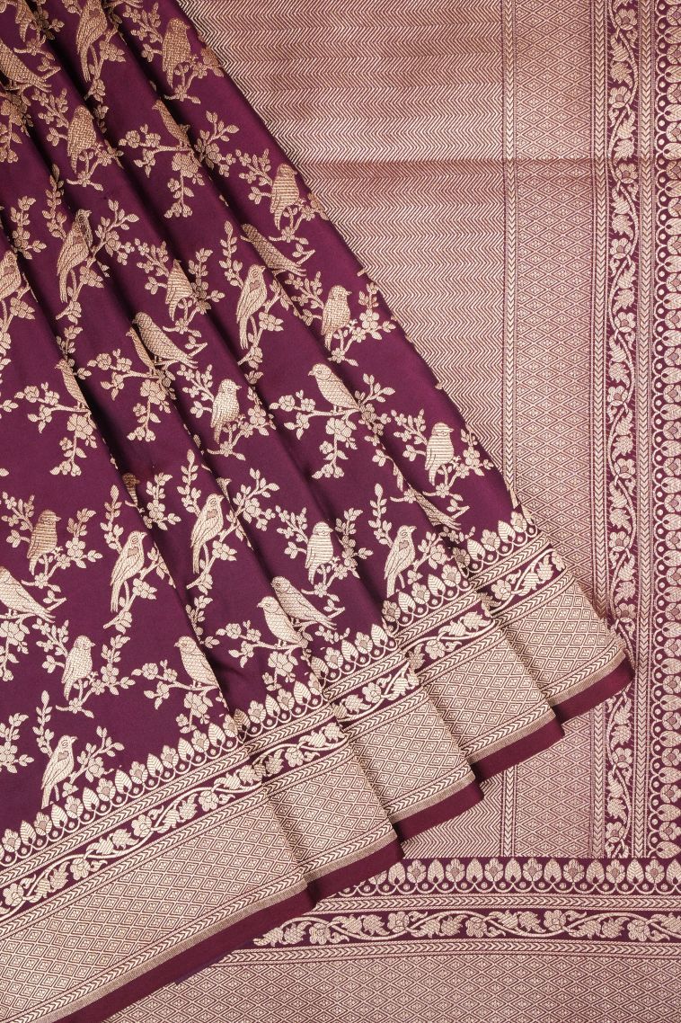 Magenta Purple Banaras Sarees with Gold Zari Floral Patterns view 1