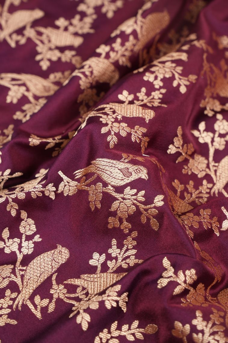 Magenta Purple Banaras Sarees with Gold Zari Floral Patterns view 4
