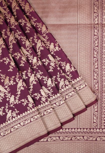 Magenta Purple Banaras Sarees with Gold Zari Floral Patterns