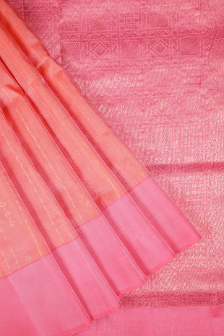 Coral Pink Soft Silk Saree with Copper Zari Stripes view 1