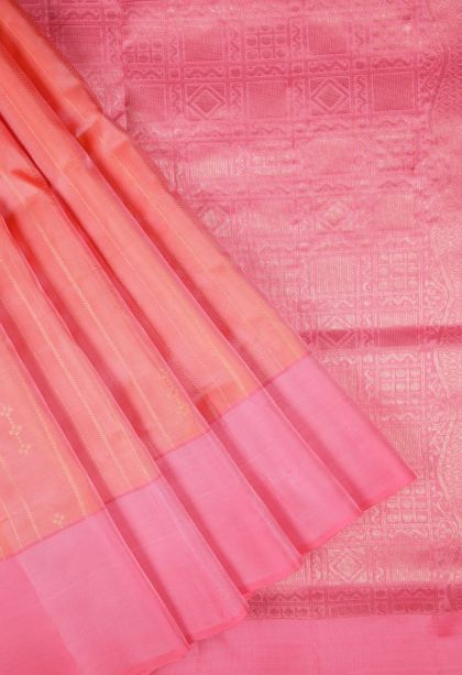 Coral Pink Soft Silk Saree with Copper Zari Stripes